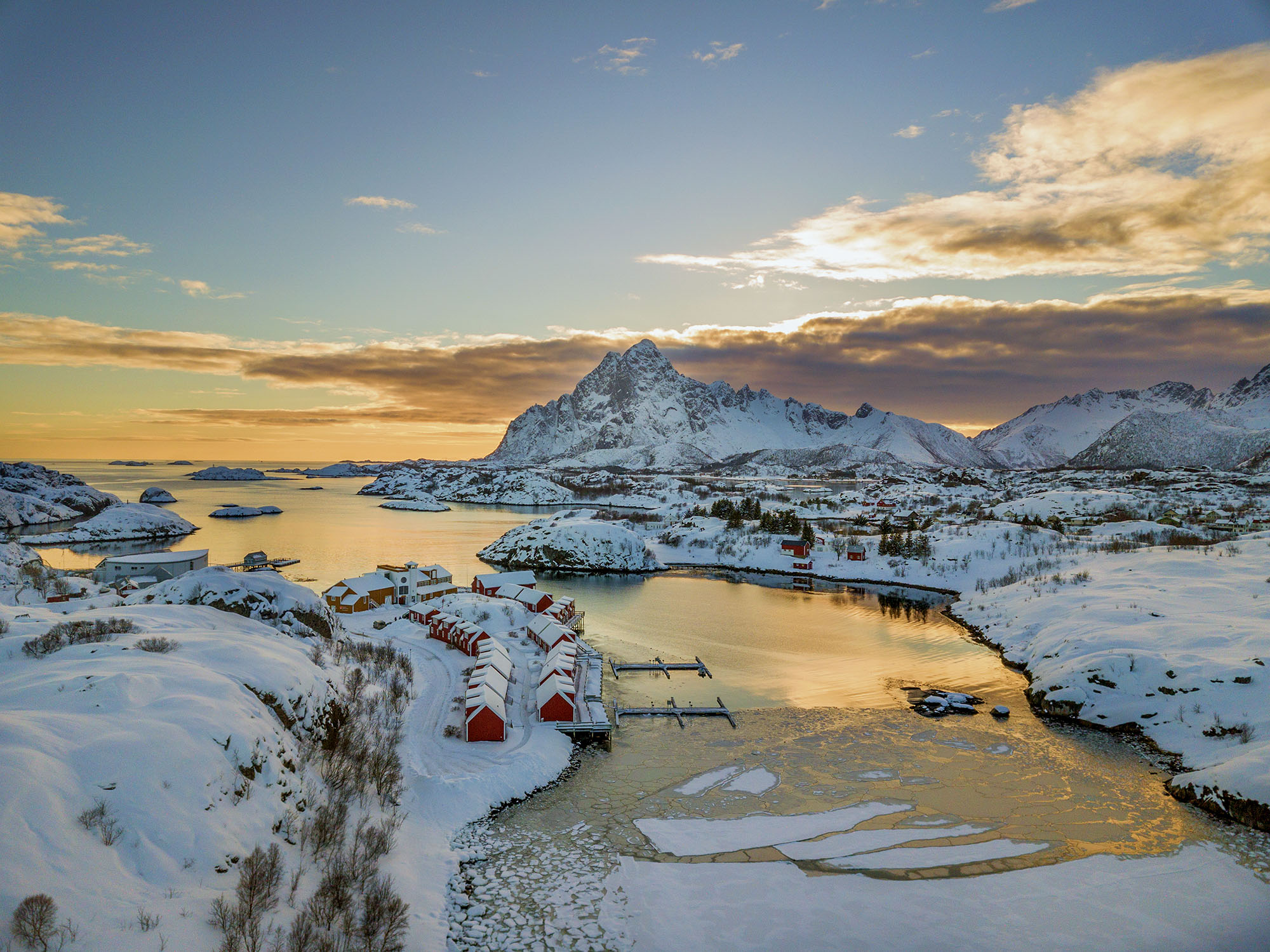 Lofoten rorbu cabins in winter light
