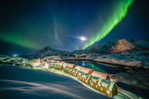 Northern Lights over Lofoten rorbu village