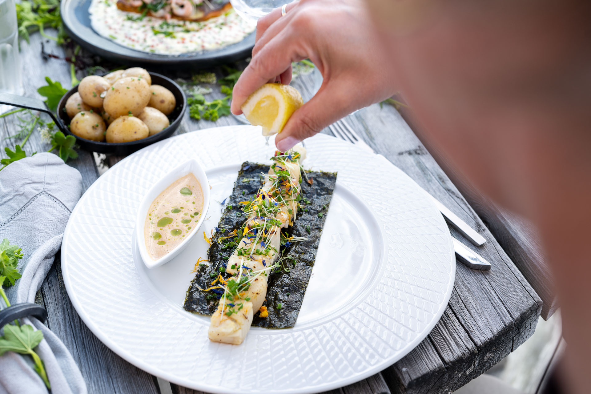 Lofottorsk sommerspyd med kamskjell, sjøkreps og dillpoteter på Restaurant Nyvågar.